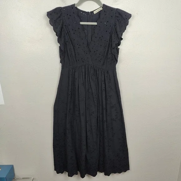 Ulla Johnson Louise Dress Womens 0 Black Cotton Linen Eyelet Midi Flutter Sleeve - Picture 2 of 7